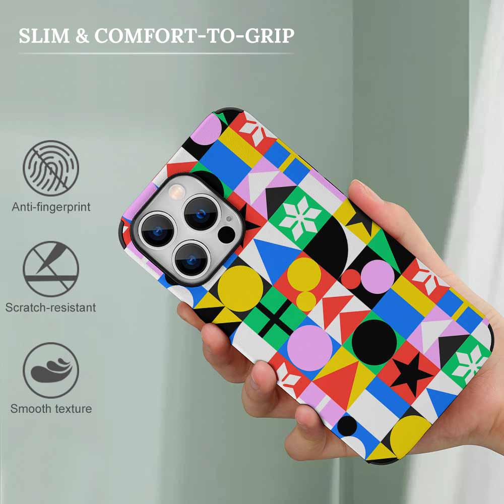 iPhone 13 case with colorful geometric pattern, scratch-resistant fiber skin, comfortable grip.