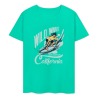 Green cotton T-shirt with Wild Wave California surfer graphic, summer fashion.