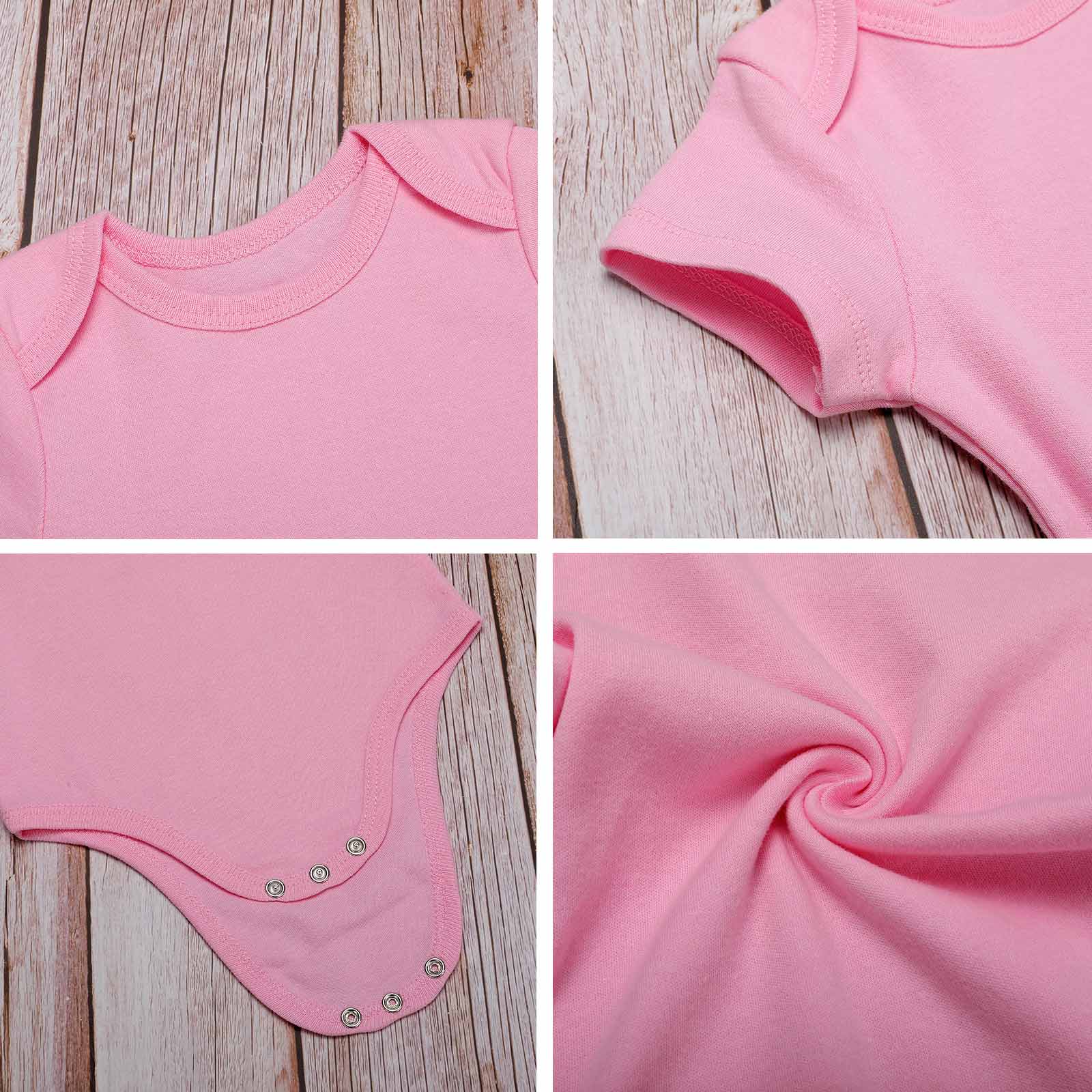 Pink baby bodysuit details: cotton fabric, comfortable design for babies 3-24 months.