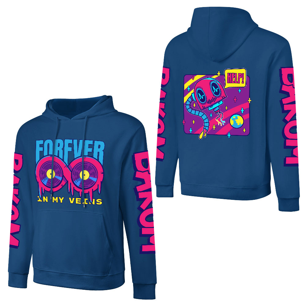 Navy blue cotton hooded sweater with 'FOREVER 99' design and sleeve prints, youth fashion style.