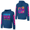 Navy blue cotton hooded sweater with 'FOREVER 99' design and sleeve prints, youth fashion style.