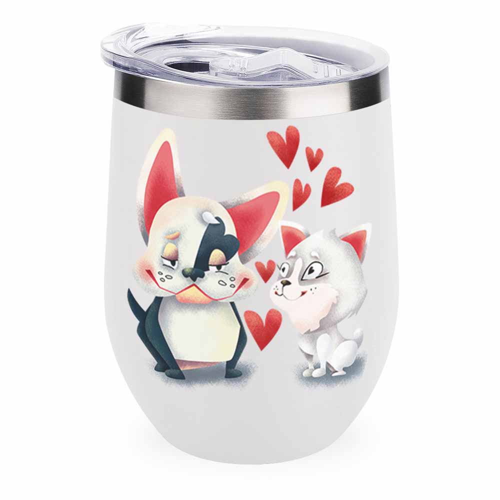 Stainless steel insulated cup with cartoon penguin and cat design, featuring hearts, and a spill-proof lid.
