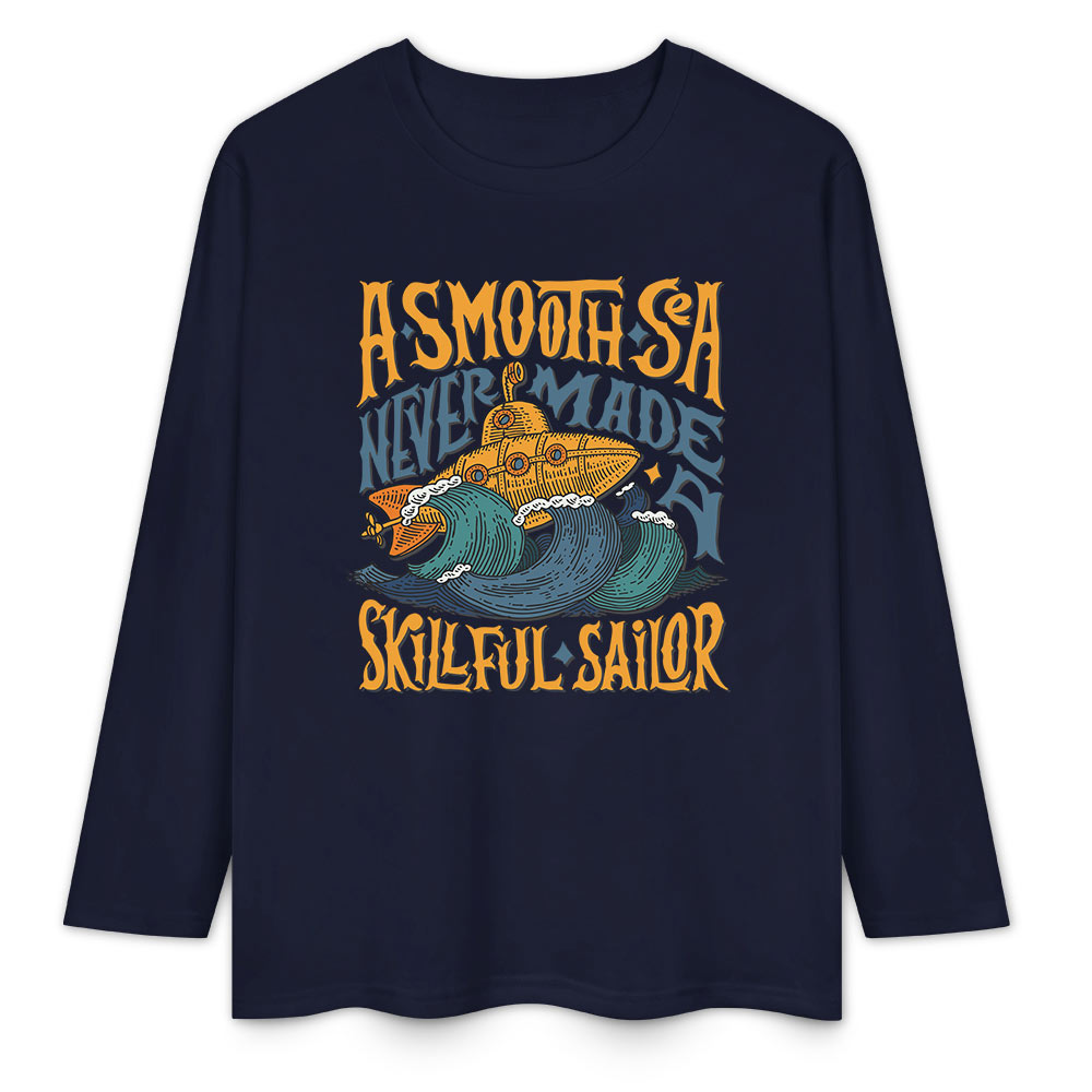 Dark blue pure cotton long sleeve T-shirt featuring 'A SMOOTH SHAKER' graphic, casual wear