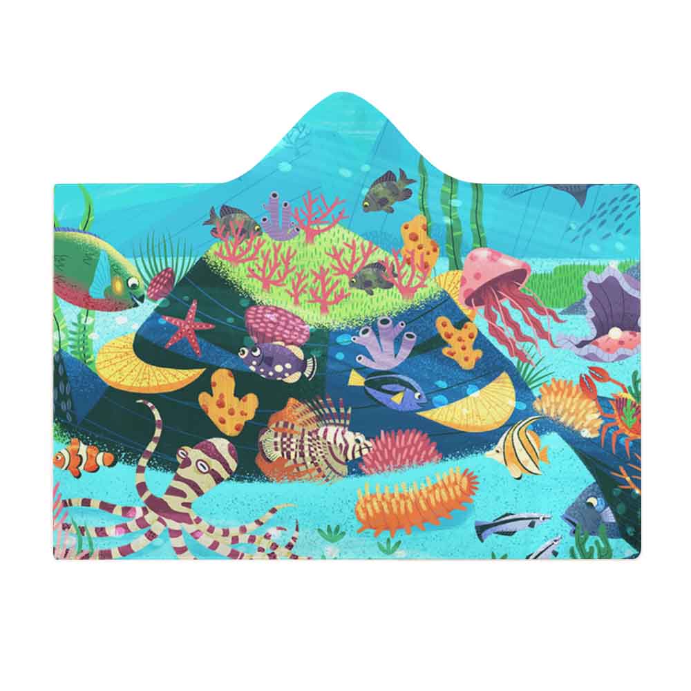 Arctic Velvet Cloak Hooded Blanket: Underwater scene with coral and fish for cozy lounging.