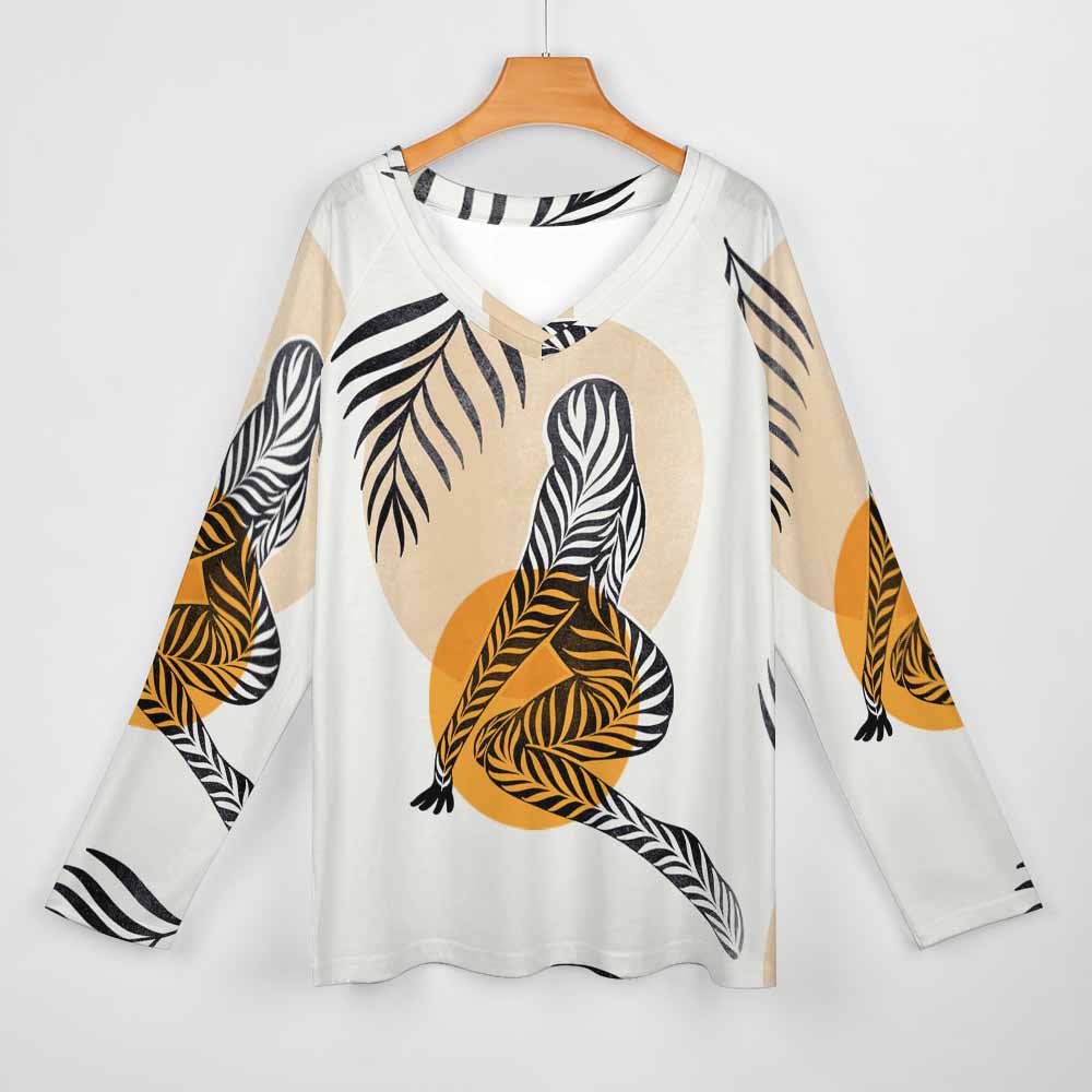 Women's V-neck loose tee with art print, polyester and spandex blend, ideal for daily wear.