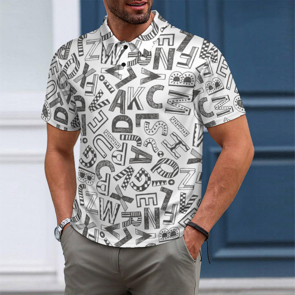 Men's white polo shirt with shoulder buttoned design and abstract letter pattern, pique cloth.