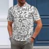 Men's white polo shirt with shoulder buttoned design and abstract letter pattern, pique cloth.