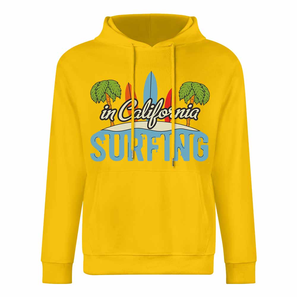 Yellow cotton CALIFORNIA SURFING hoodie, loose fit, suitable for daily wear.