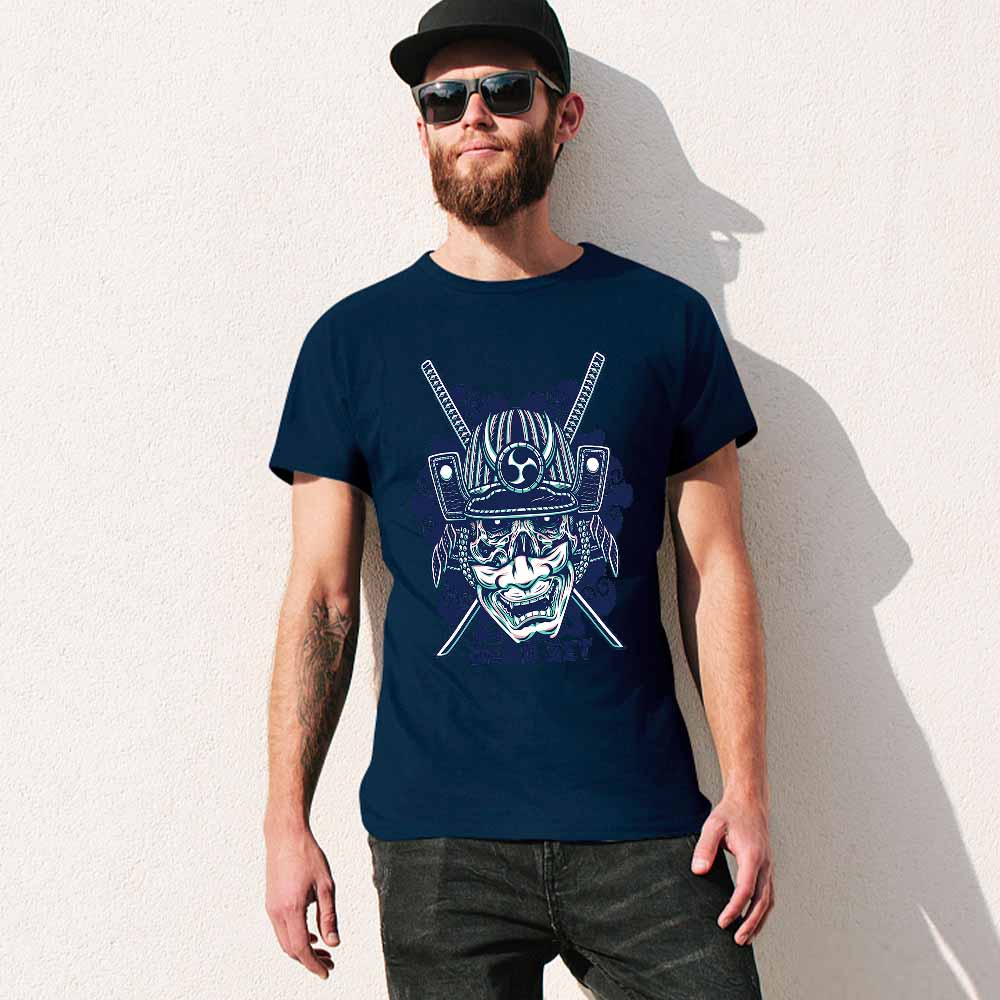 Navy blue cotton men's T-shirt with samurai skull design, ideal for leisure and events