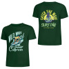 Green cotton surfing print T-shirt, front and back view. Features "Wild Wave California" and "Catch the Wave Surfing"