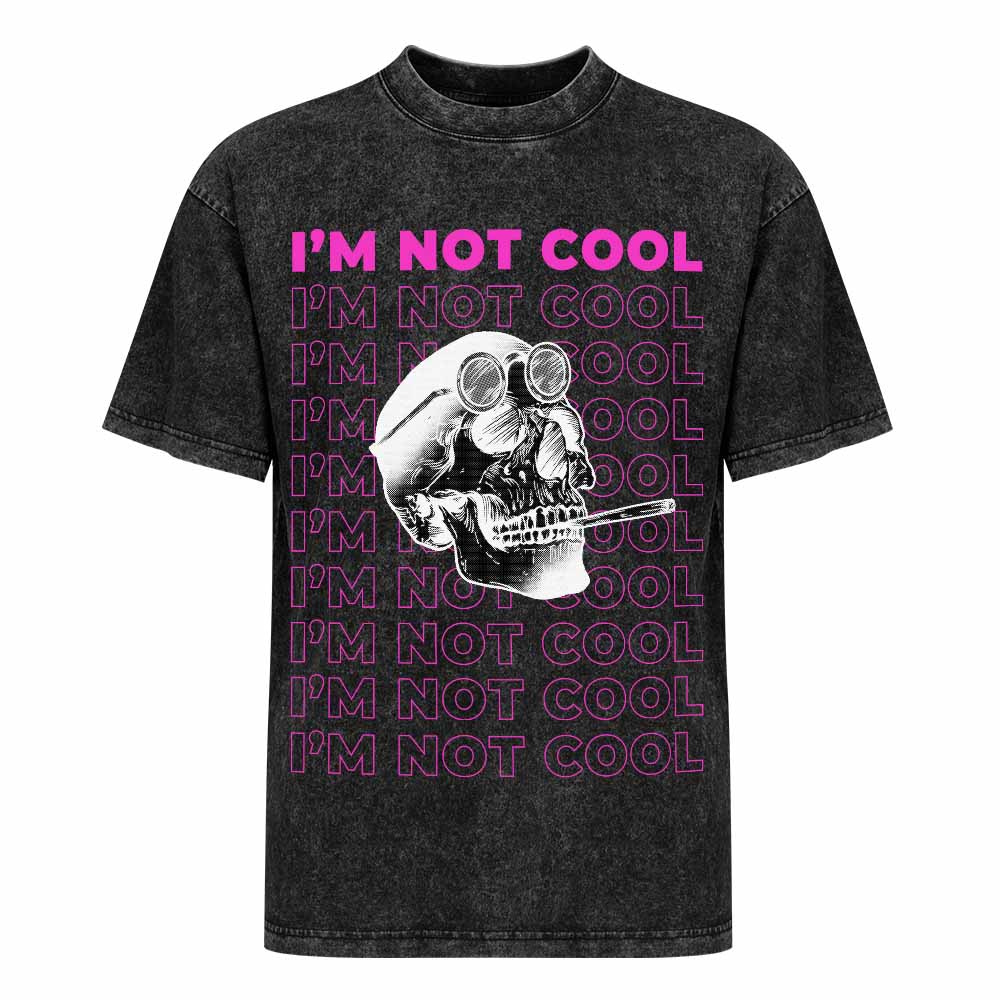 Vintage wash off-shoulder T-shirt with skull graphic, "I'M NOT COOL" text, cotton