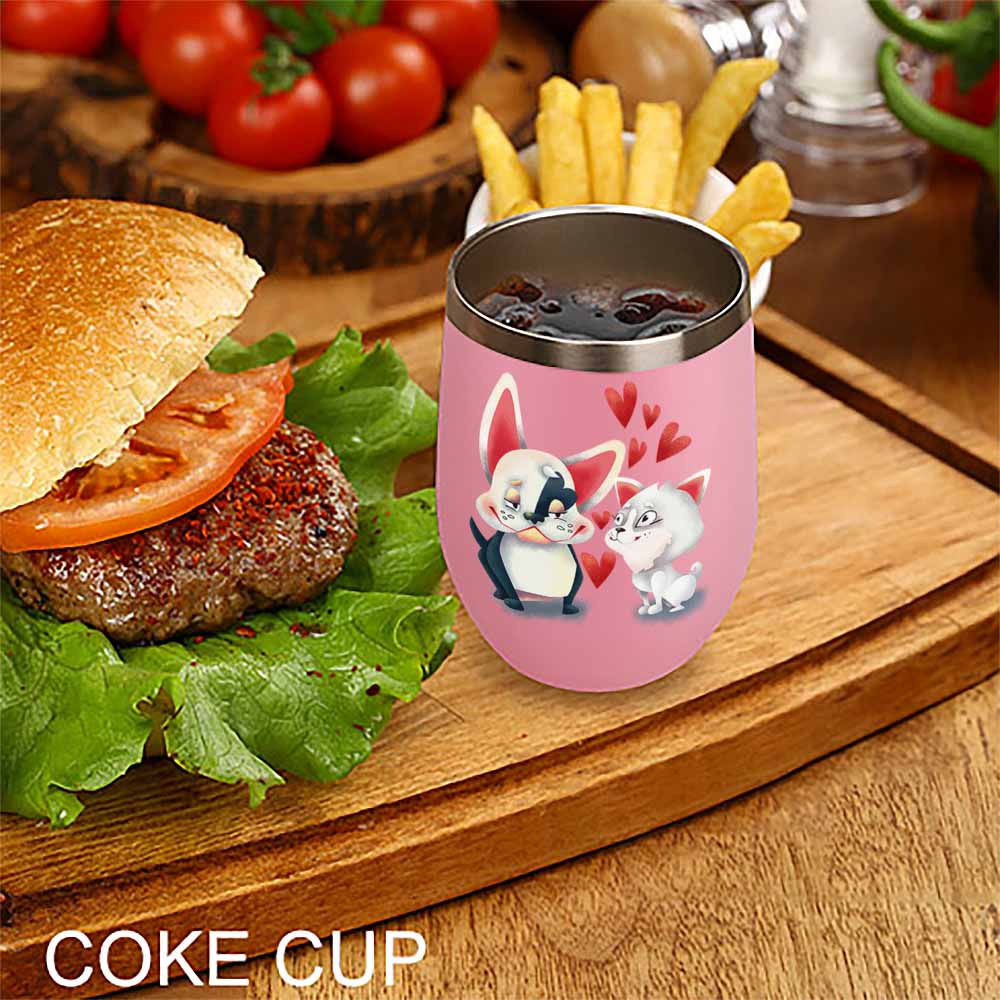 Pink insulated cup with cartoon cat and penguin design, featuring red hearts, burger and fries, COKE CUP.