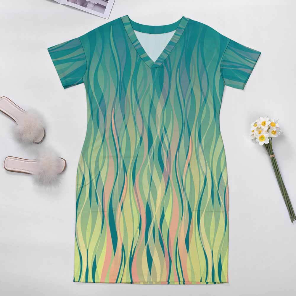 Green imitation cotton loose pocket dress with V-neck, unique patterned design for women.