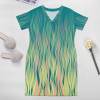 Green imitation cotton loose pocket dress with V-neck, unique patterned design for women.