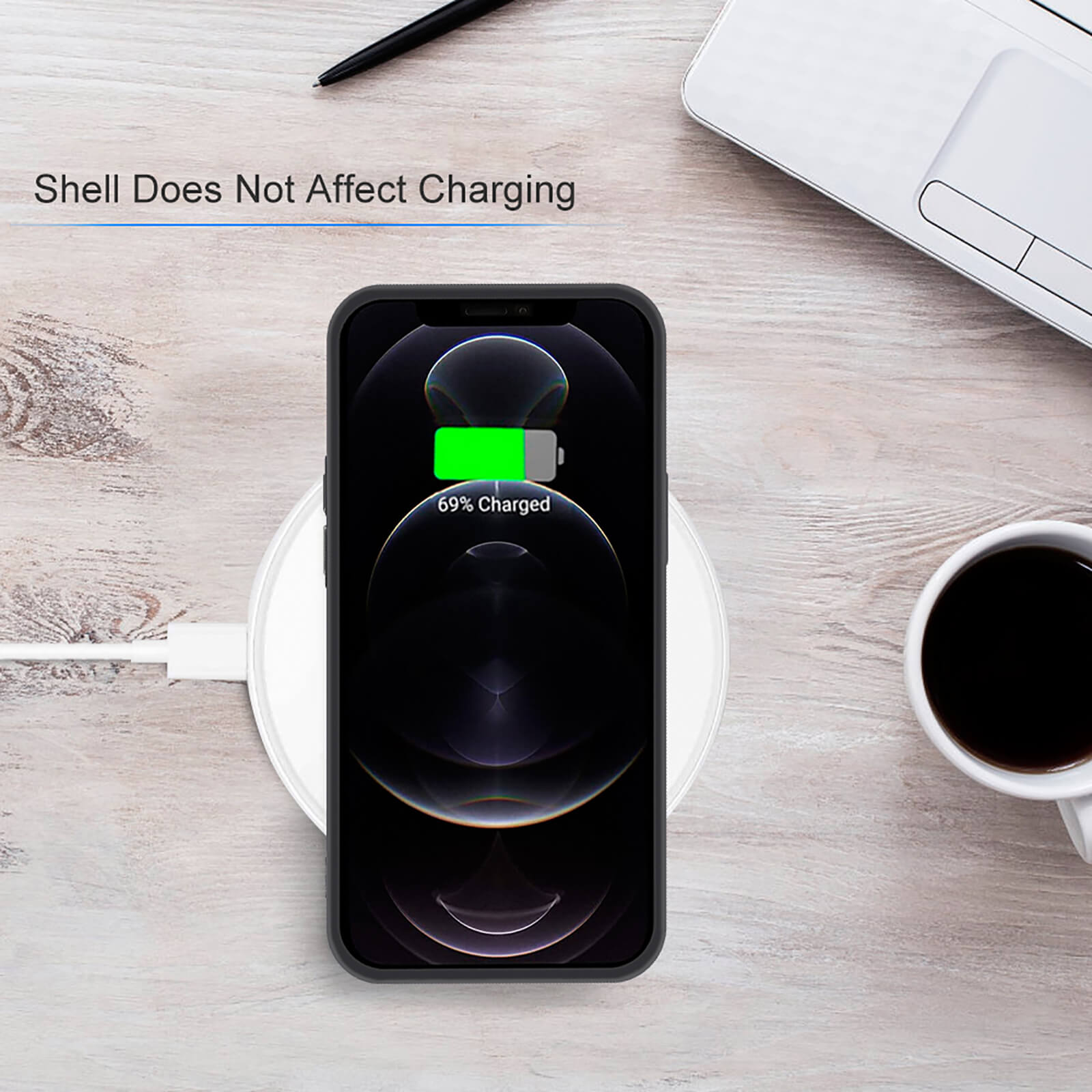 iPhone 12 series wirelessly charging on white pad with TPU case, stylish design