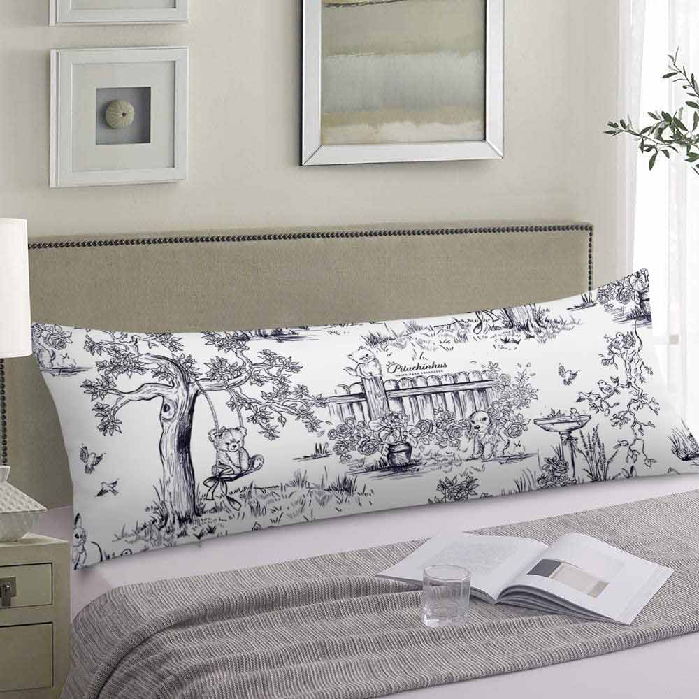 Extra long pillowcase with blue and white floral print, polyester, bed decor, soft and comfortable.