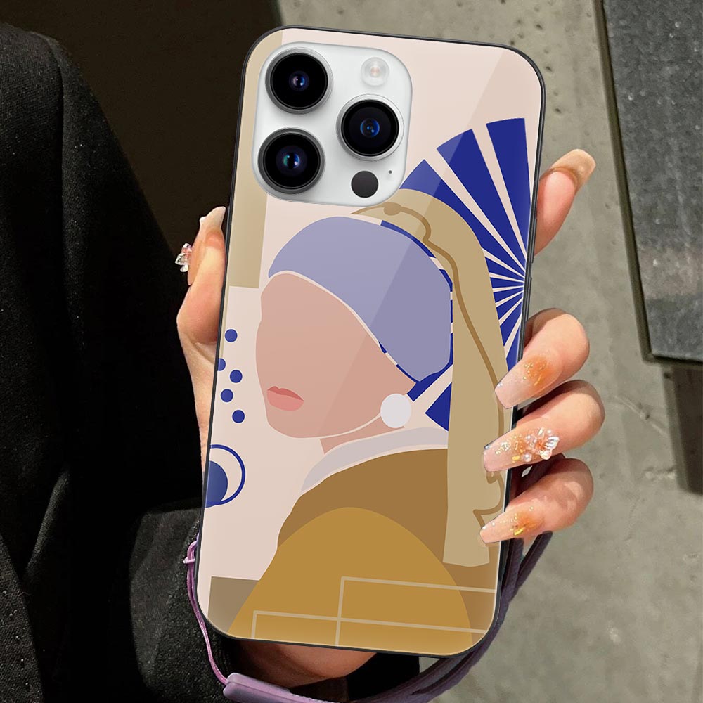 iPhone 14 glass case featuring 'Girl with a Pearl Earring' art design, TPU protection.