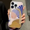 iPhone 14 glass case featuring 'Girl with a Pearl Earring' art design, TPU protection.
