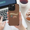 iPhone 15 Pro Max brown fiber skin case with "SLAYYY" text, Slim & Comfort-to-Grip design, and scratch-resistant.