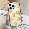 iPhone 16 Series glass case with bear pattern, yellow background, anti-scratch protection.