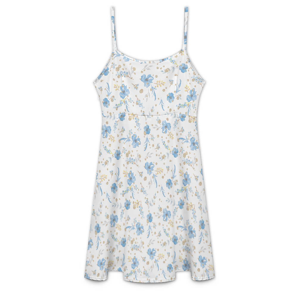 Spring Strap Dress in Four-sided projectile, floral pattern, white and blue, comfortable and sexy.