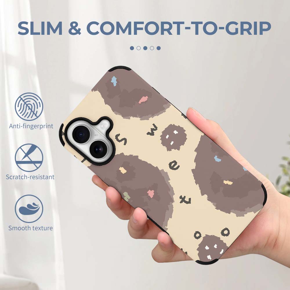 iPhone 16 fiber skin case with brown circle pattern, slim and comfortable grip, protective phone cover
