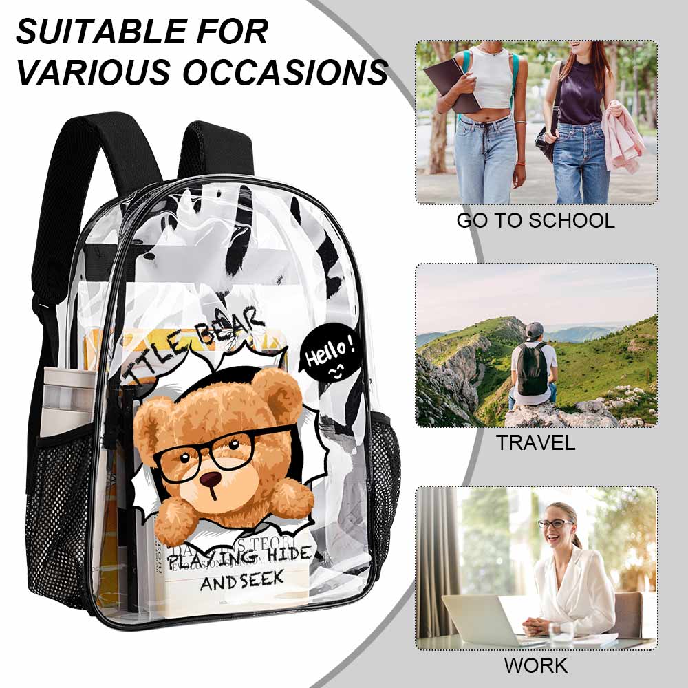 Transparent 17-inch PVC backpack with bear graphic, ideal for work and travel, various occasions.