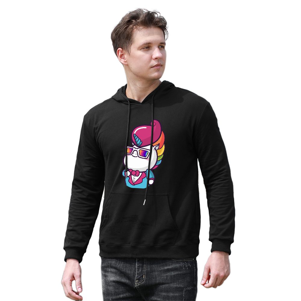 Black Men's Hooded Sweatshirt with Graphic Print, Cotton Fleece