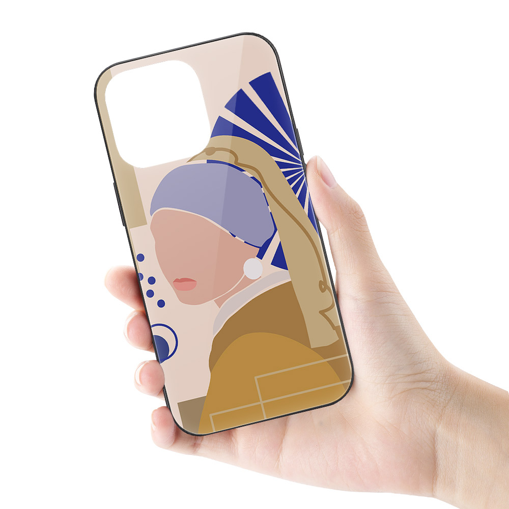 iPhone 14 glass case with 'Girl with a Pearl Earring' art design, glass + TPU material, stylish and protective.