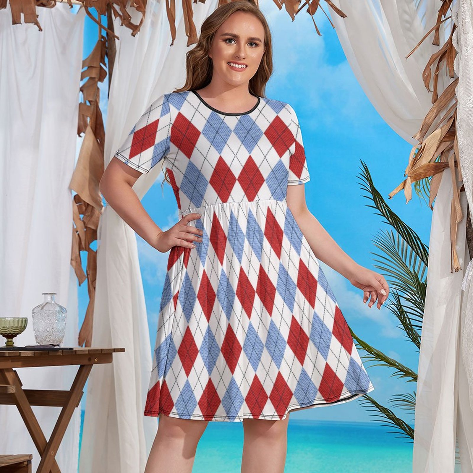 Plus size geometric dress with red & blue diamond pattern, short sleeves, round neck.