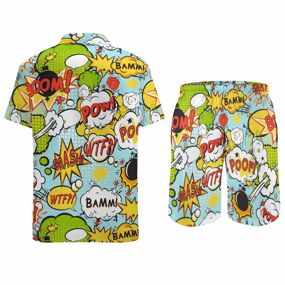 Men's Leisure Beach Suit featuring a vibrant cartoon print in Peach Skin fabric, comfortable and stylish.