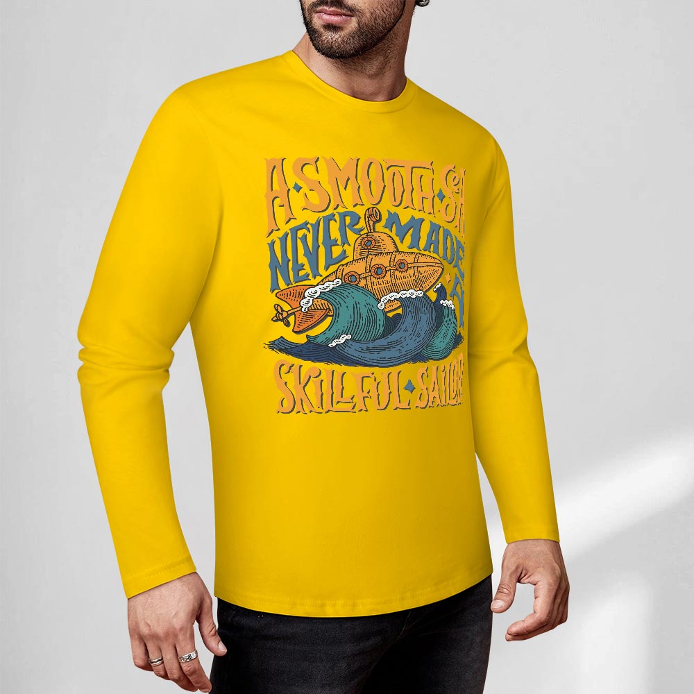 Yellow pure cotton long sleeve T-shirt with graphic design for casual wear, featuring 'A SMOOTH SHAKER' text.