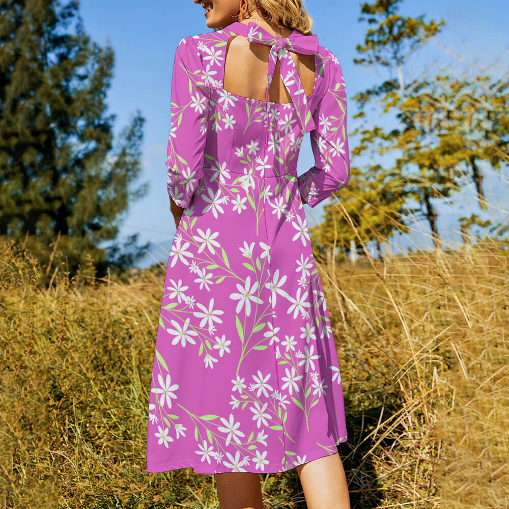 Purple floral sweetheart knot flare dress, mid-length sleeves, perfect for vacation and parties.