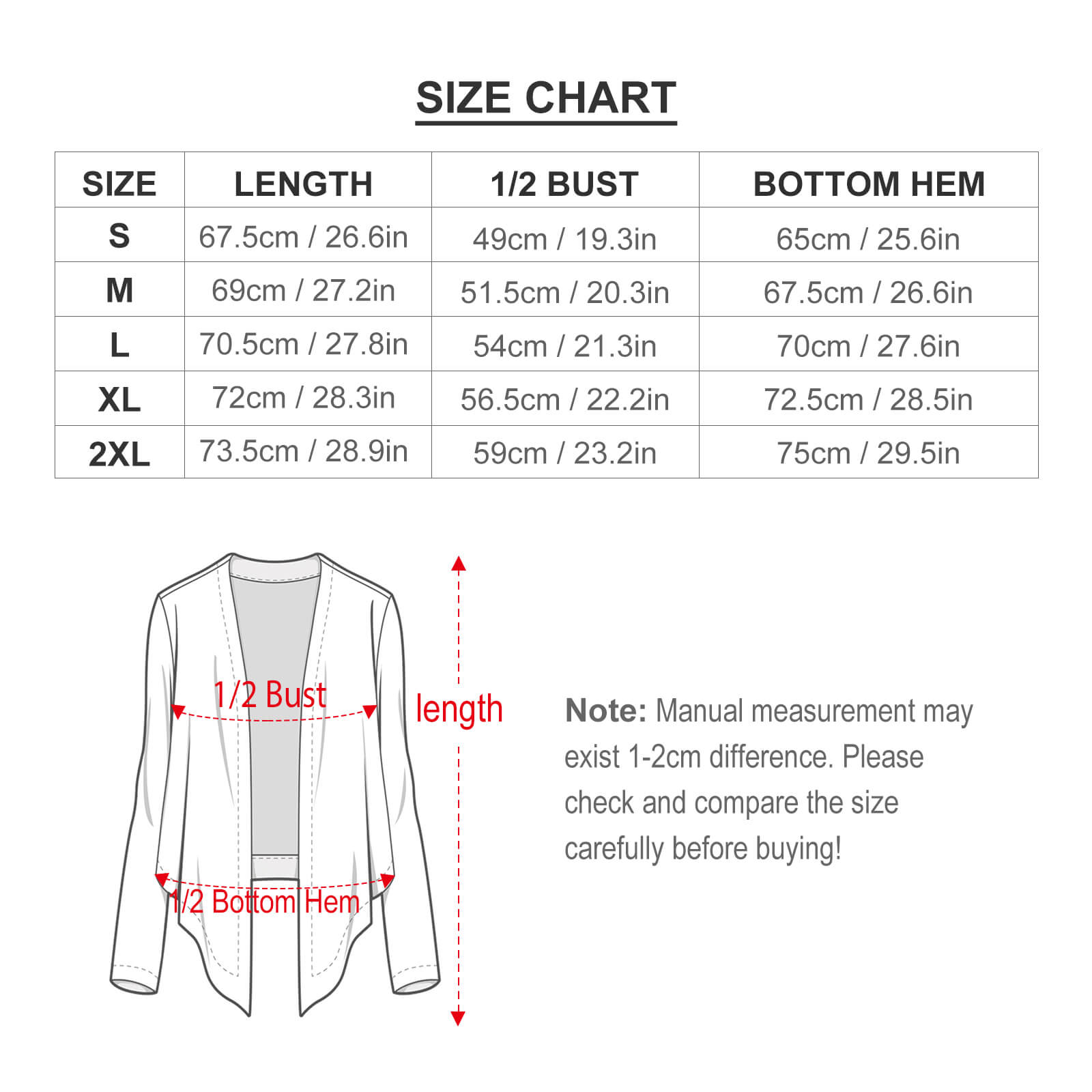 Size chart for women's knitted cardigan, including length, bust, and bottom width measurements.