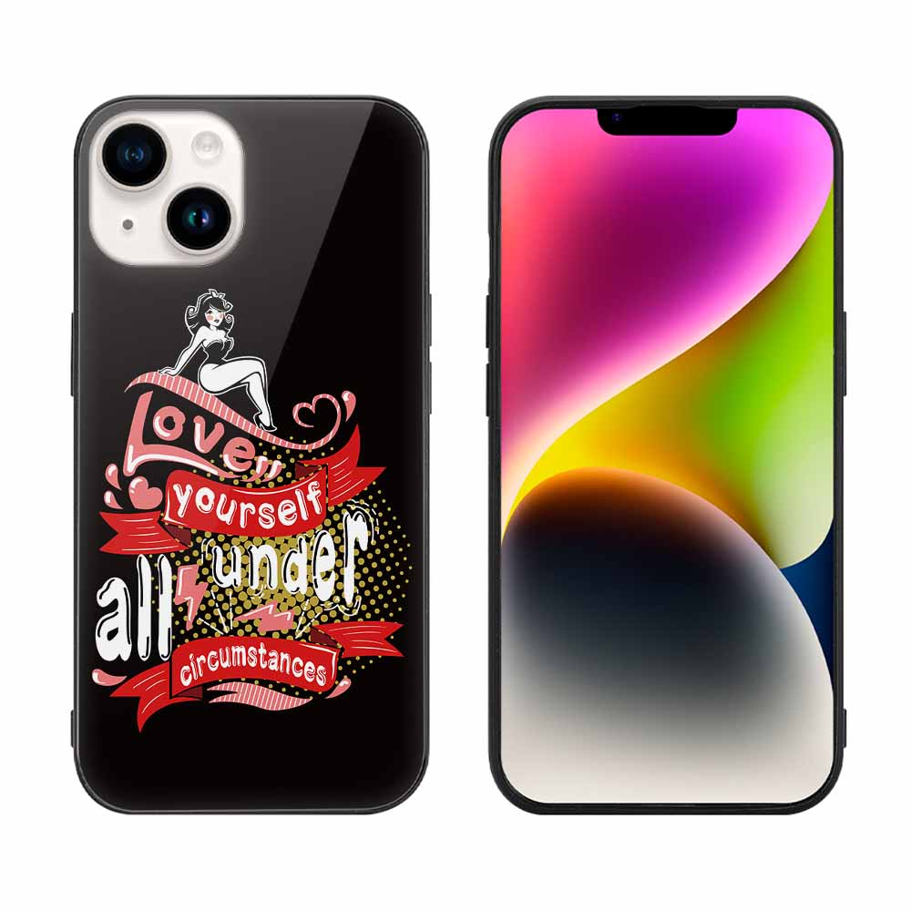 iPhone 14 glass case with black design "Love is served under all weather", protective and stylish.