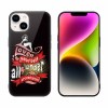iPhone 14 glass case with black design "Love is served under all weather", protective and stylish.