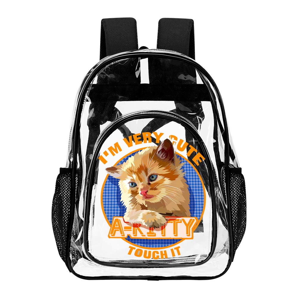 Black body transparent backpack with cute print, PVC material, stylish design for work, life, and travel.