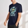 Navy blue cotton men's T-shirt featuring Wild Wave California surfing graphic, summer fashion.