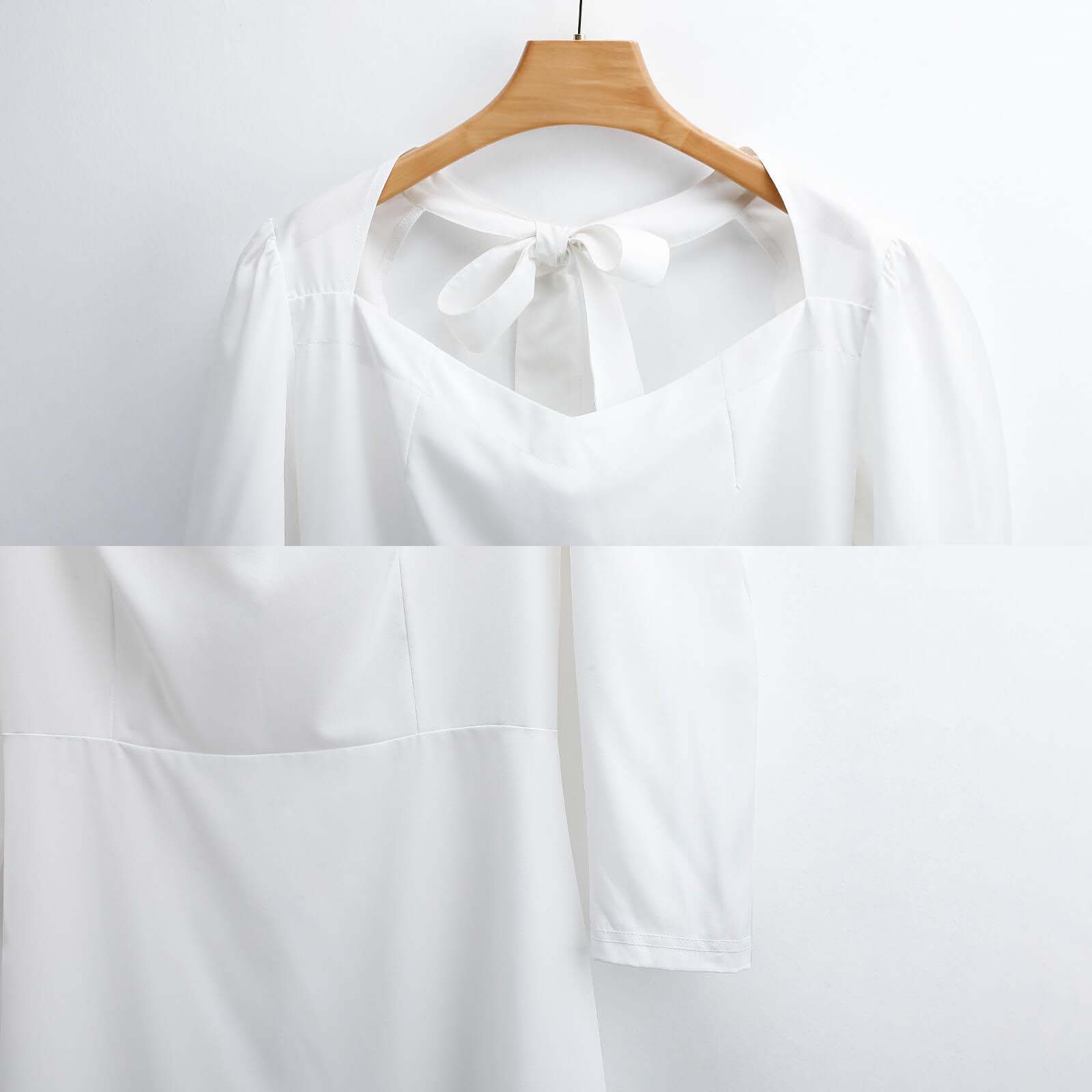 White Sweetheart Knot Flare Dress with bow detail and mid-length sleeves. Polyester.