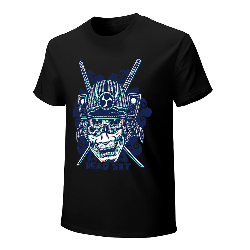 Black cotton men's T-shirt with blue samurai skull design, perfect for leisure
