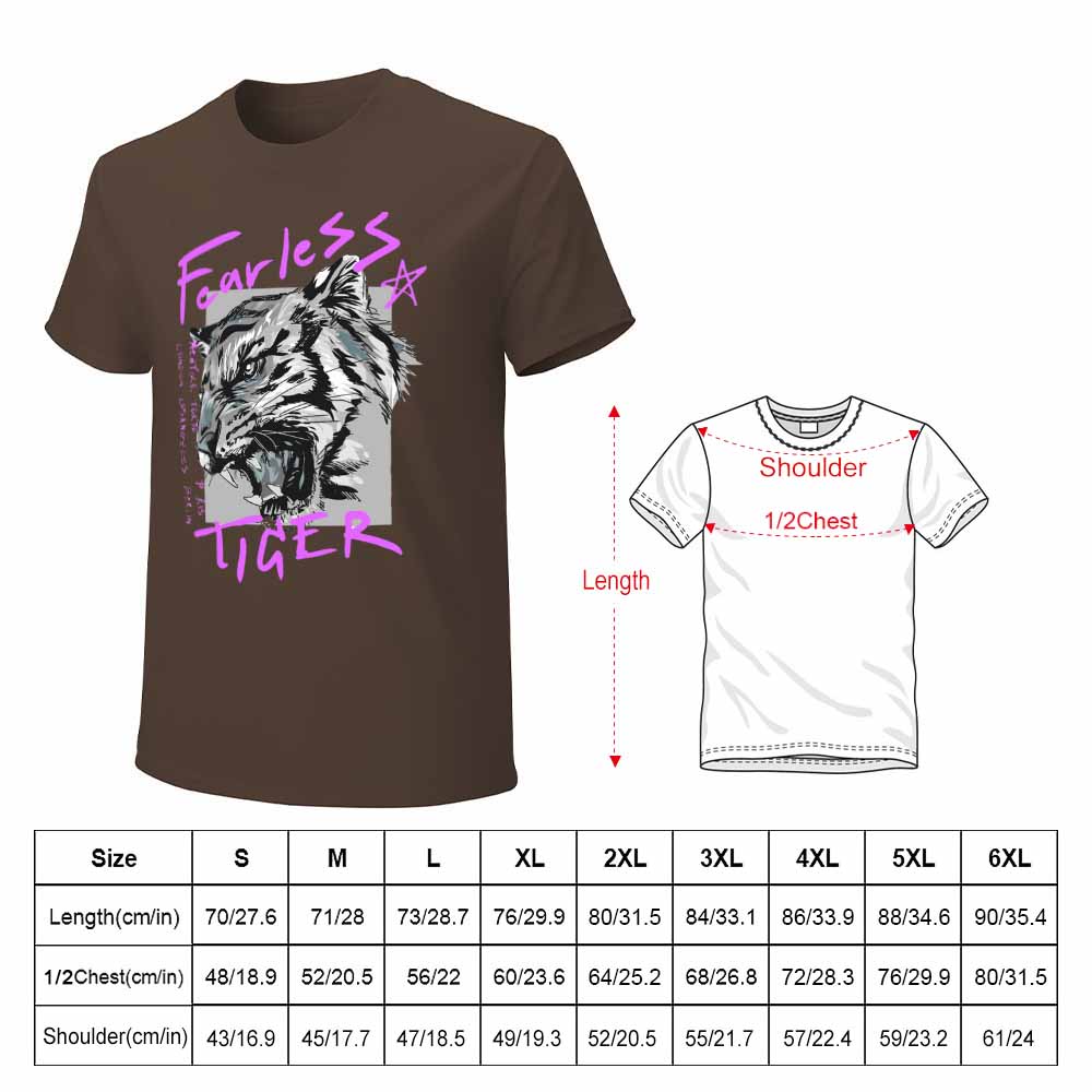 Brown cotton men's Fearless Tiger graphic T-shirt, collection, with size chart.