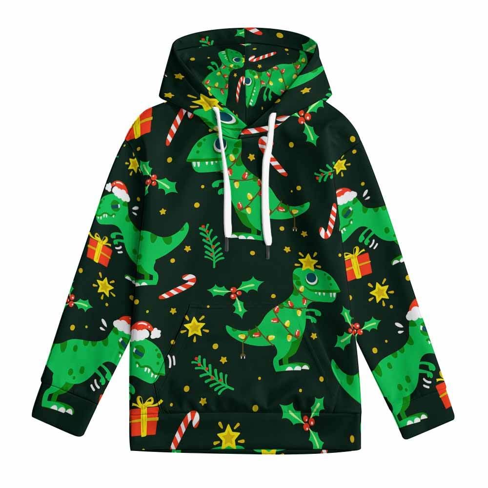 Youth green dinosaur hoodie with Christmas elements, perfect for spring, autumn, and winter wear.