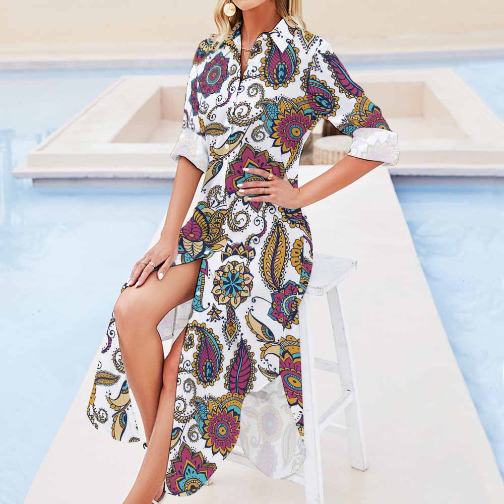 Button neck long sleeve shirt dress with paisley print, featuring a thigh slit