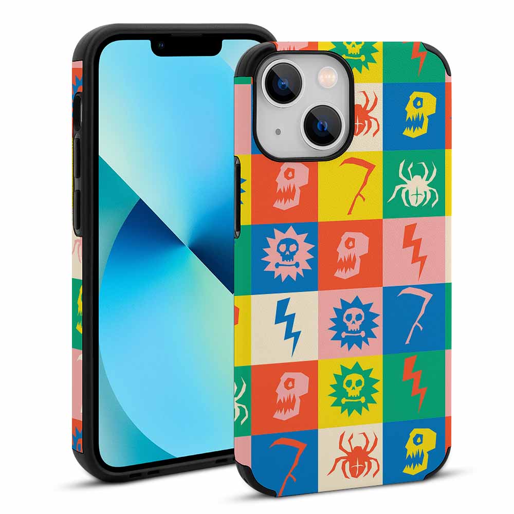 iPhone 13 fiber skin case with colorful square pattern design, featuring various graphics