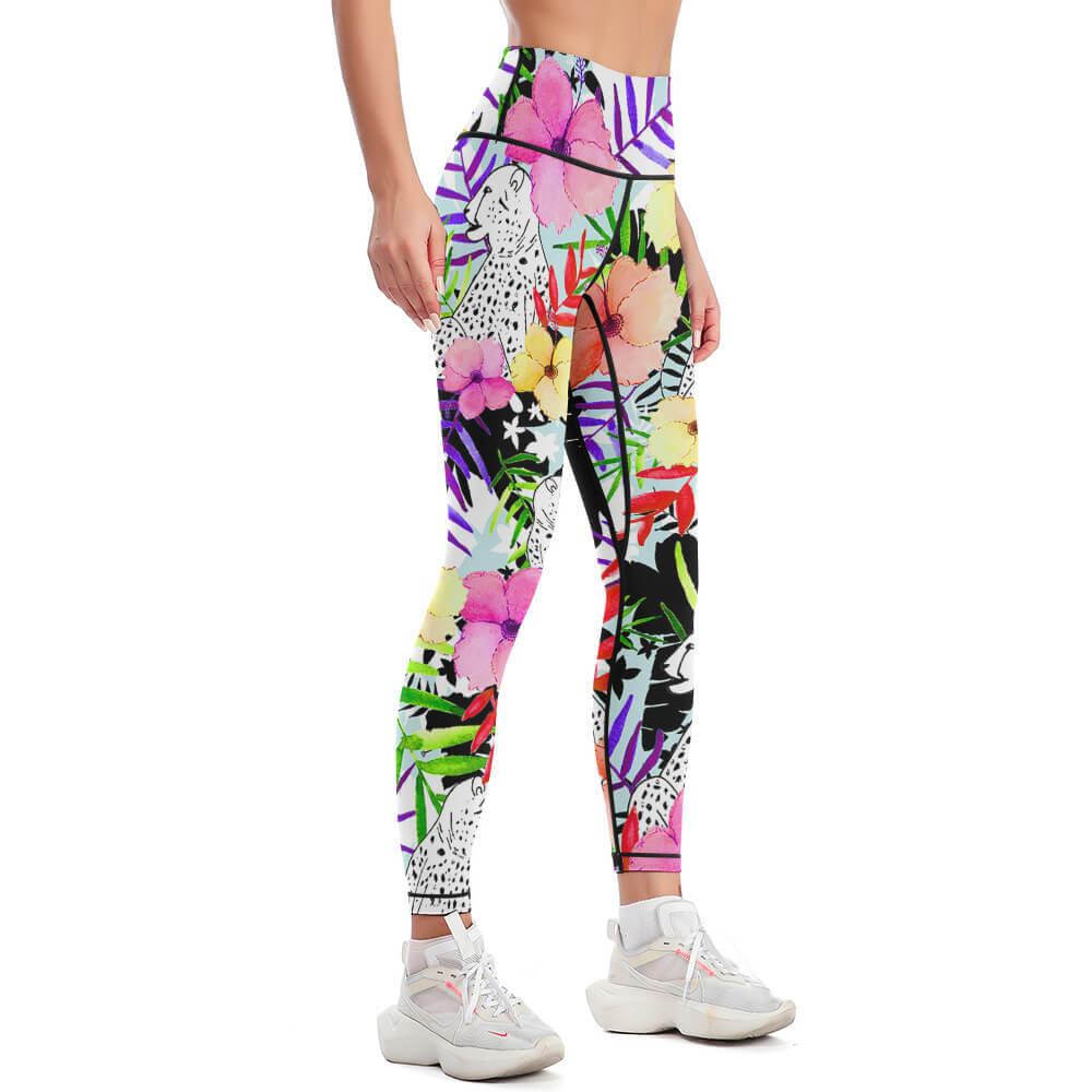 Women's high-waisted yoga pants, featuring floral print, four-way stretch design, perfect for sports and everyday wear.