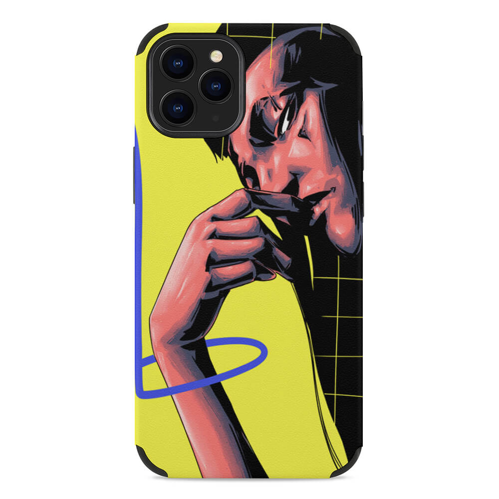 iPhone 12 series microfiber case featuring an abstract art design with a yellow background