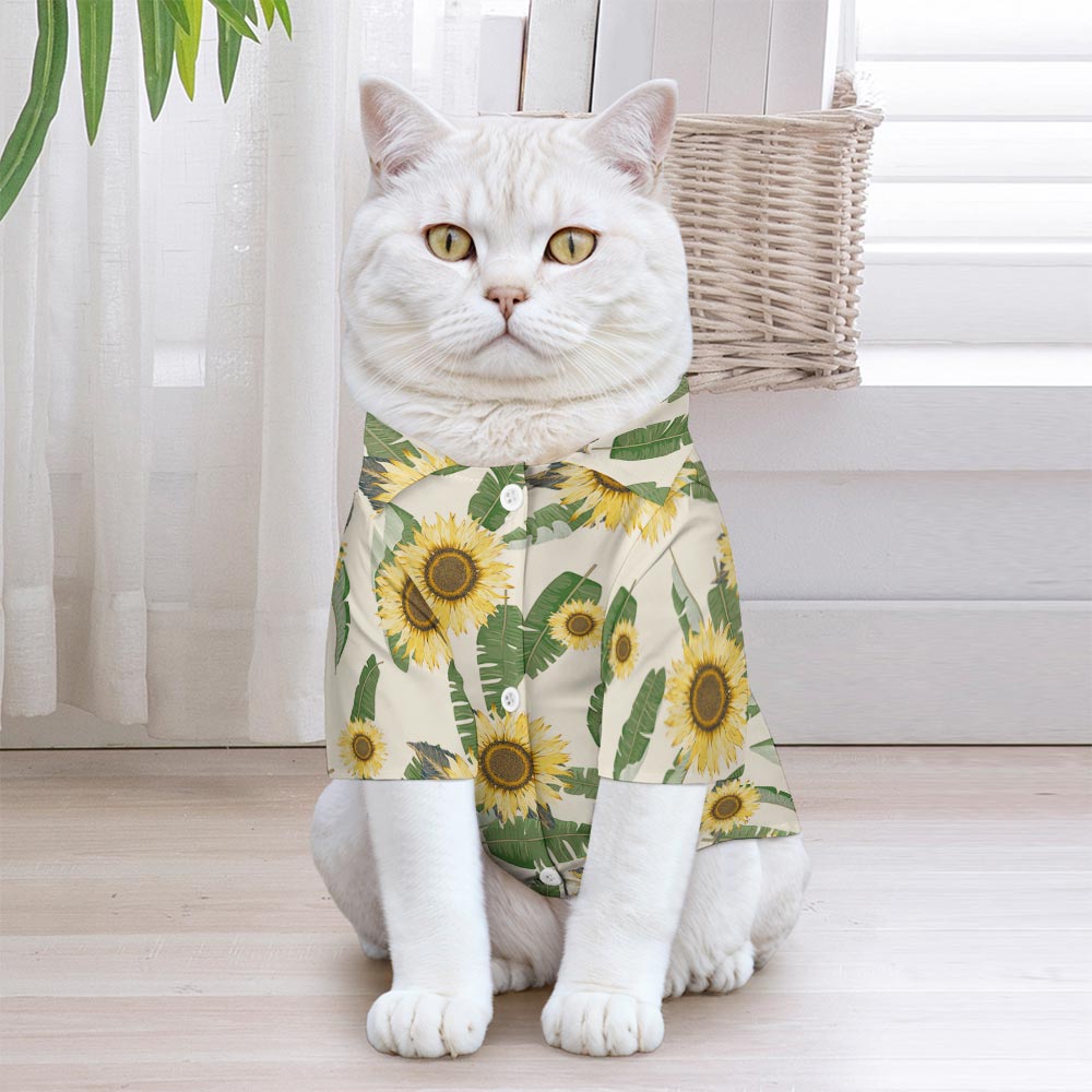 Cat wearing sunflower pattern pet shirt made of breathable polyester, classic style