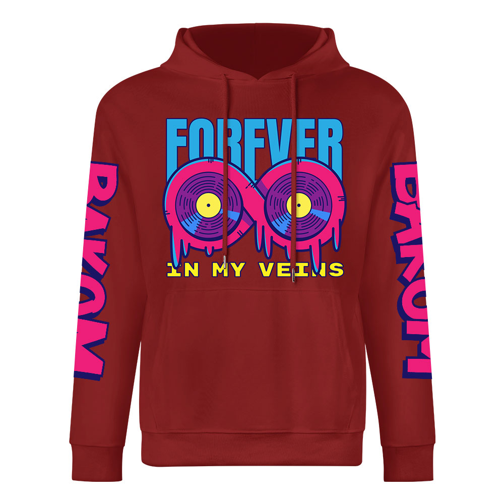 Red 'FOREVER 99' donut graphic hoodie with DAKUM and CRASH sleeve prints, youth fashion.
