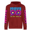 Red 'FOREVER 99' donut graphic hoodie with DAKUM and CRASH sleeve prints, youth fashion.