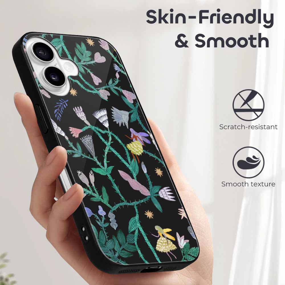 iPhone 16 series glass case, floral design, skin-friendly and smooth texture for scratch protection.